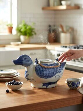 Vintage Ceramic Porcelain Duck Teapot Wrapped Handle Blue White Oriental Carafe